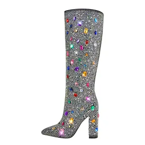 Chunky Heel Rhinestone Jewel Knee High Boots