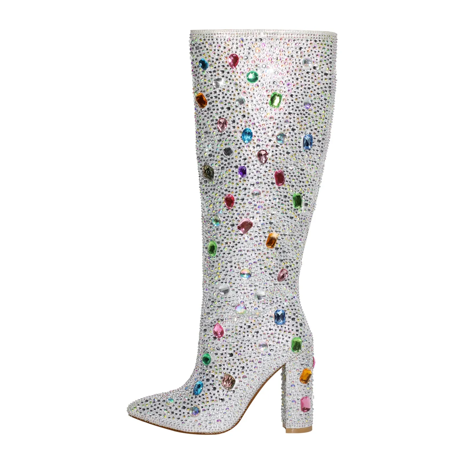 Chunky Heel Rhinestone Jewel Knee High Boots