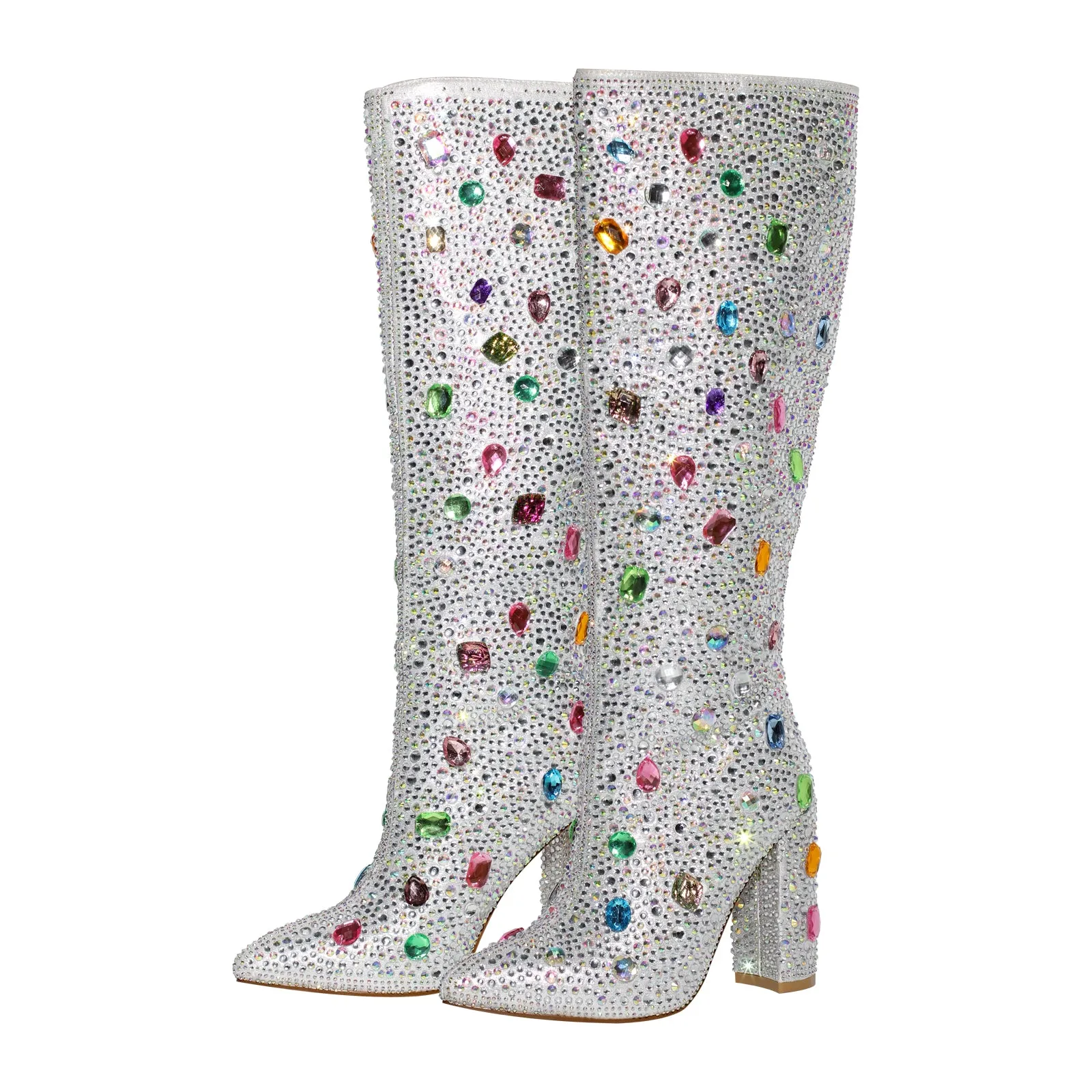Chunky Heel Rhinestone Jewel Knee High Boots