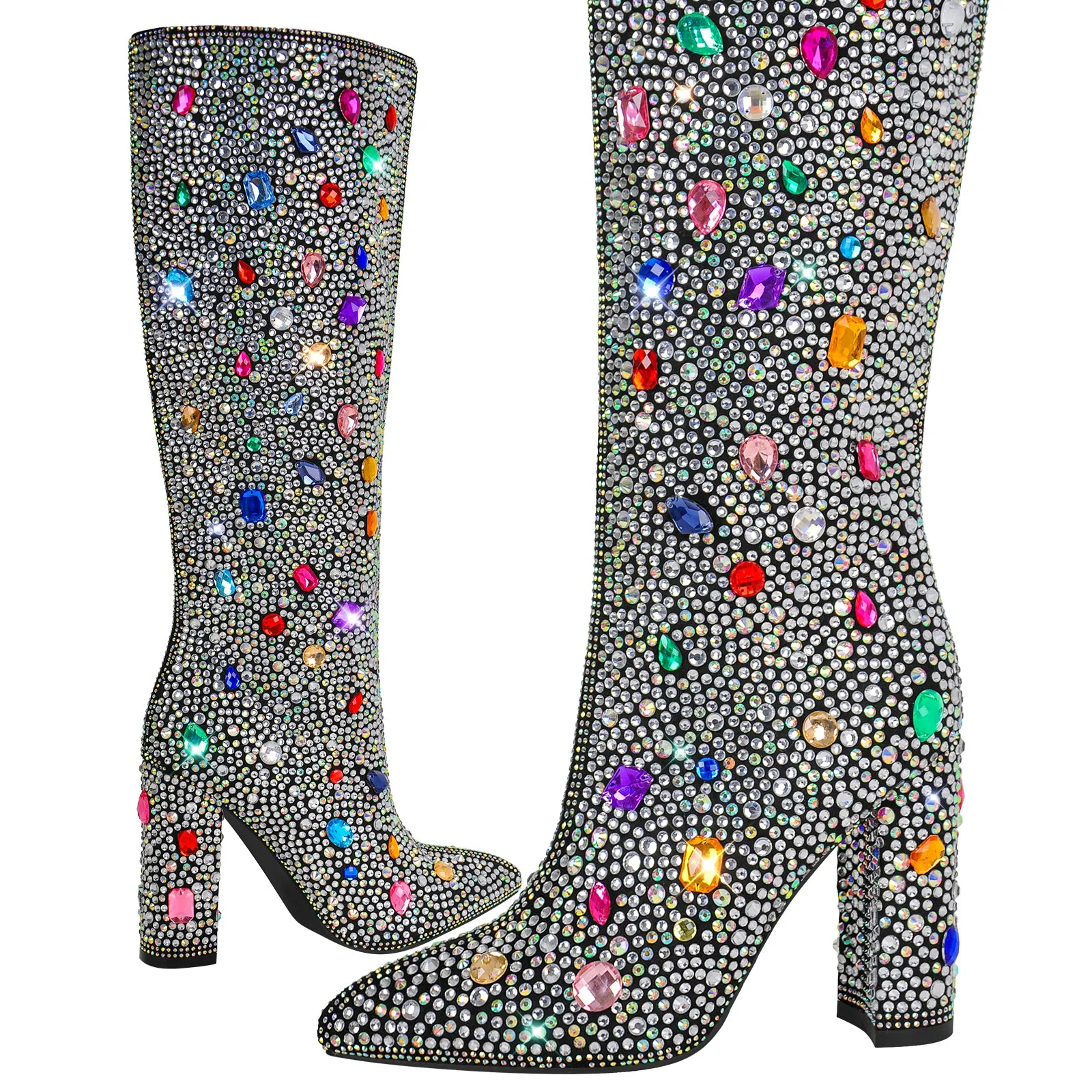 Chunky Heel Rhinestone Jewel Knee High Boots