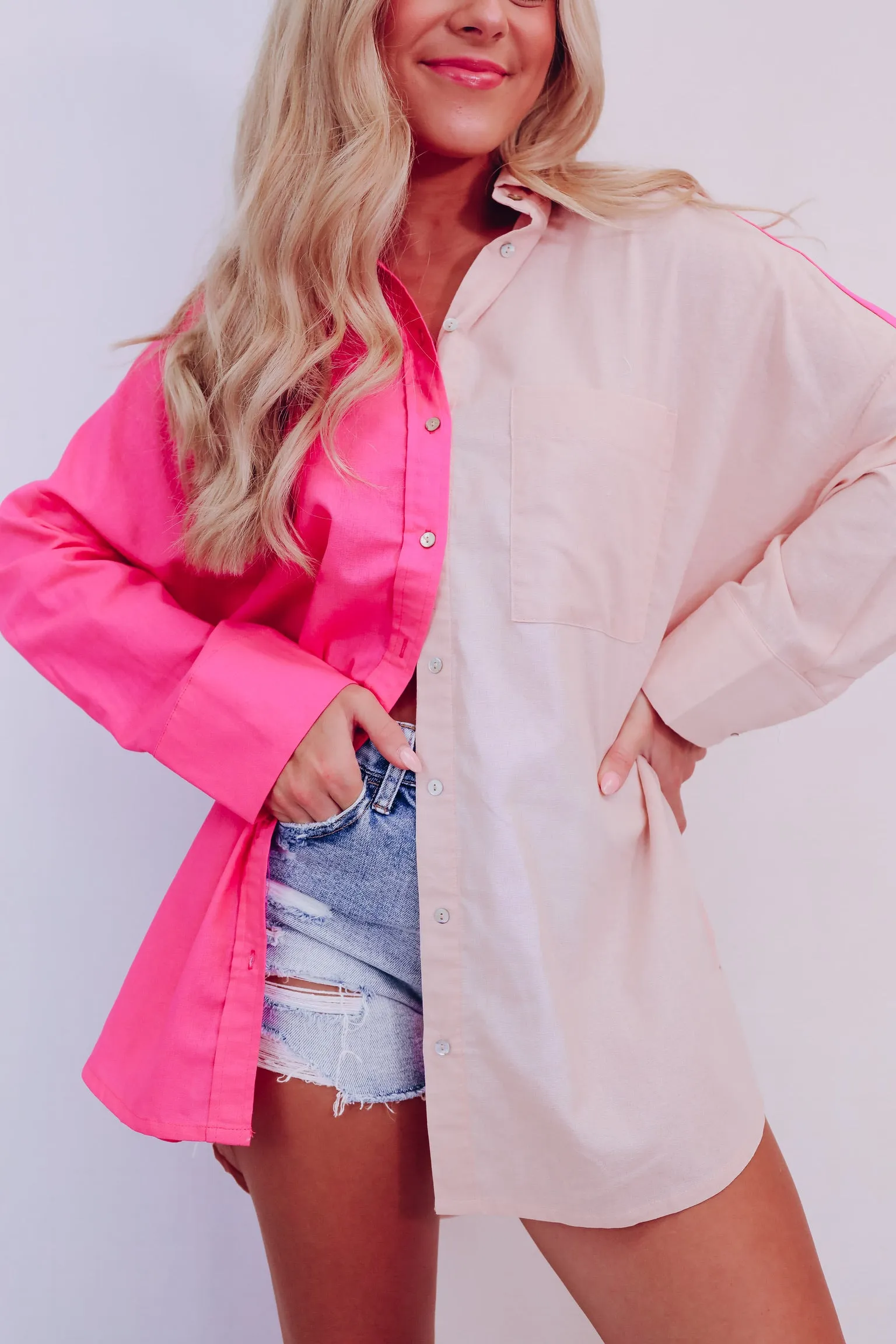 Coastal Color Block Button Up Shirt - Pink