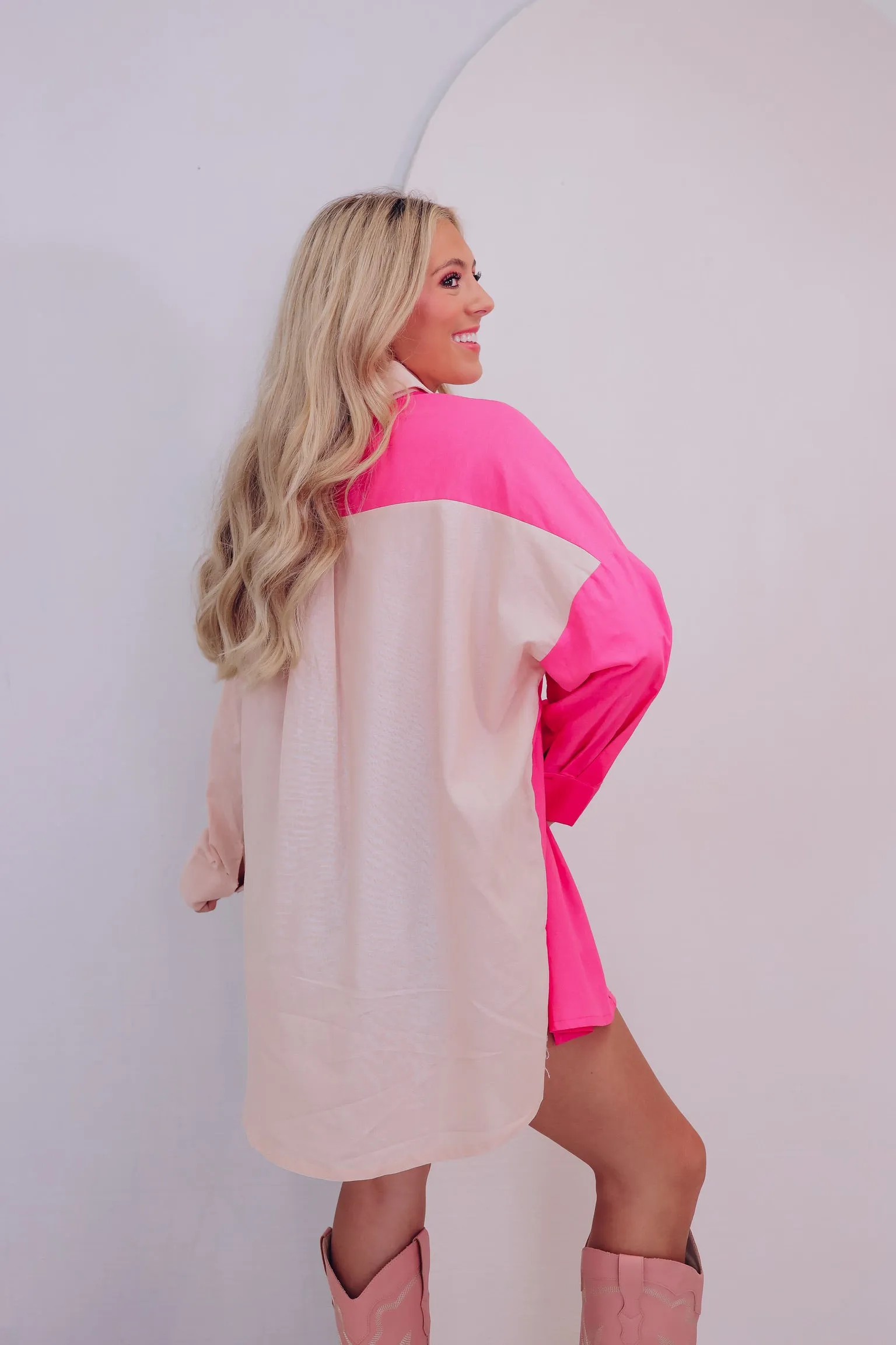Coastal Color Block Button Up Shirt - Pink