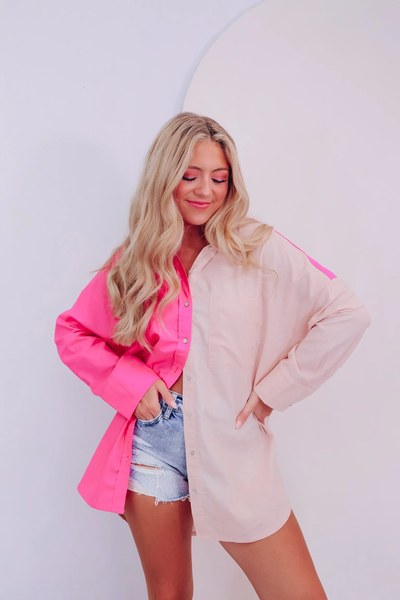 Coastal Color Block Button Up Shirt - Pink