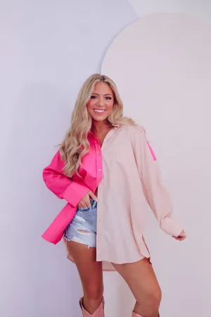 Coastal Color Block Button Up Shirt - Pink