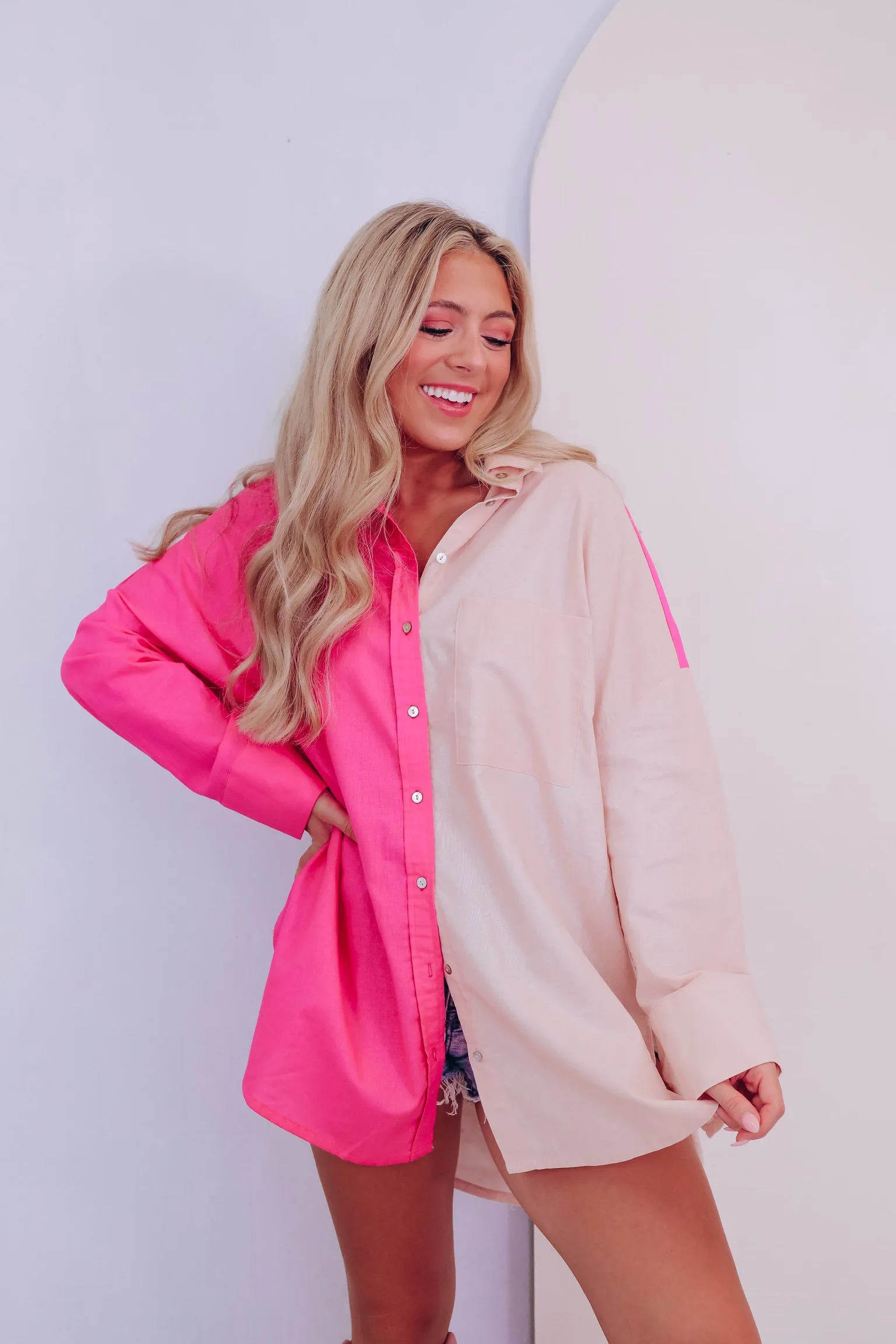 Coastal Color Block Button Up Shirt - Pink