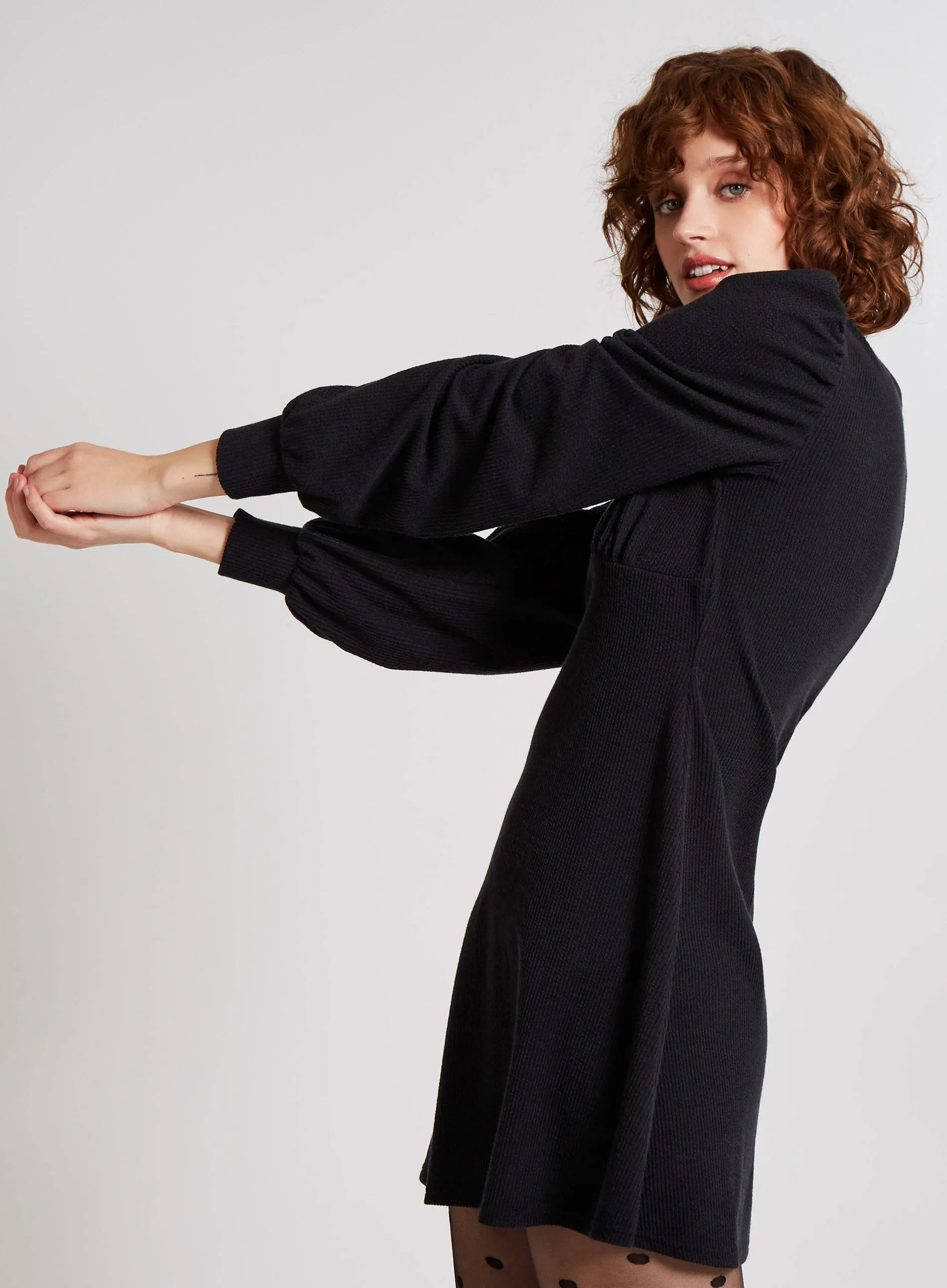 Crinkle Rib Long Sleeve Rouched Bust Dress