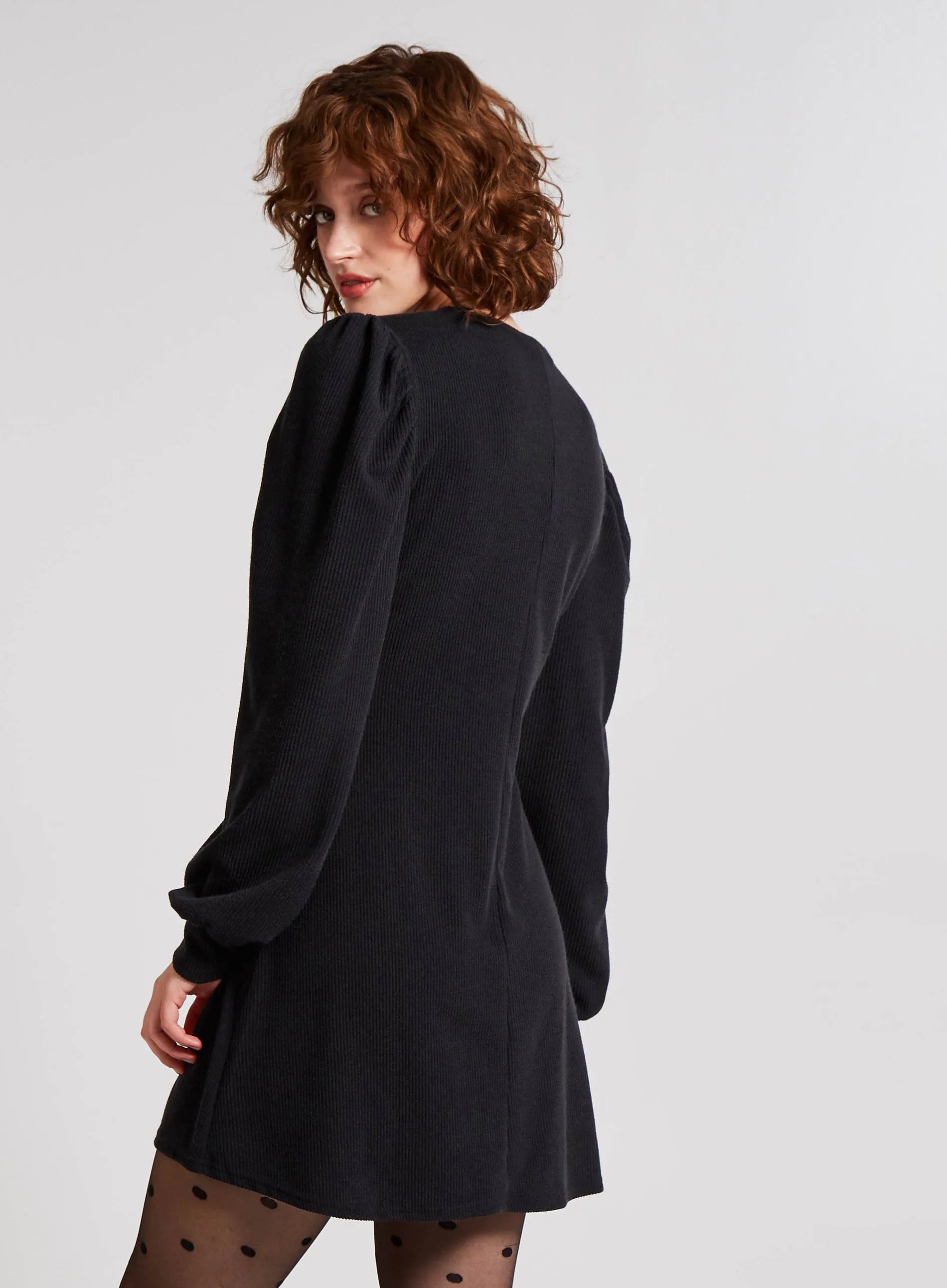 Crinkle Rib Long Sleeve Rouched Bust Dress