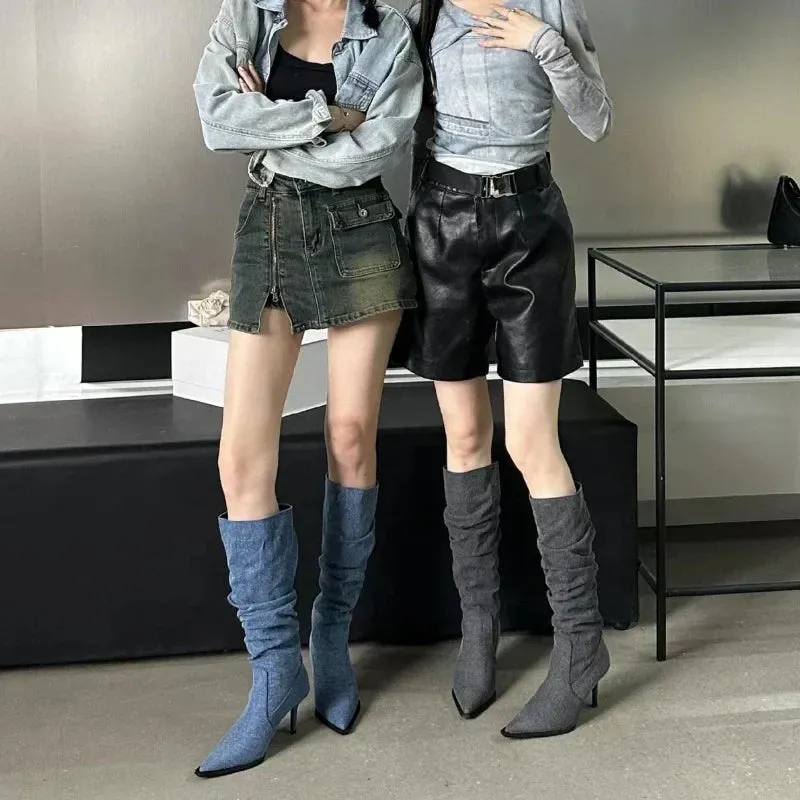 Denim Knee High Thin Heel Stiletto Boots
