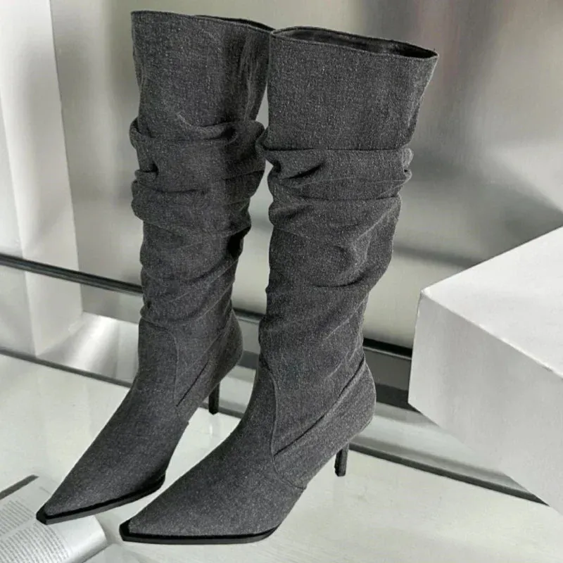 Denim Knee High Thin Heel Stiletto Boots