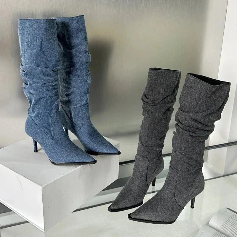 Denim Knee High Thin Heel Stiletto Boots