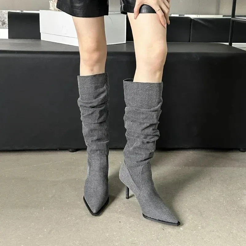 Denim Knee High Thin Heel Stiletto Boots