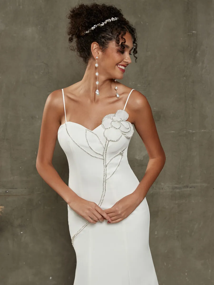 Double FDY Spaghetti Straps Diamond Flower Mermaid Wedding Dress With Train