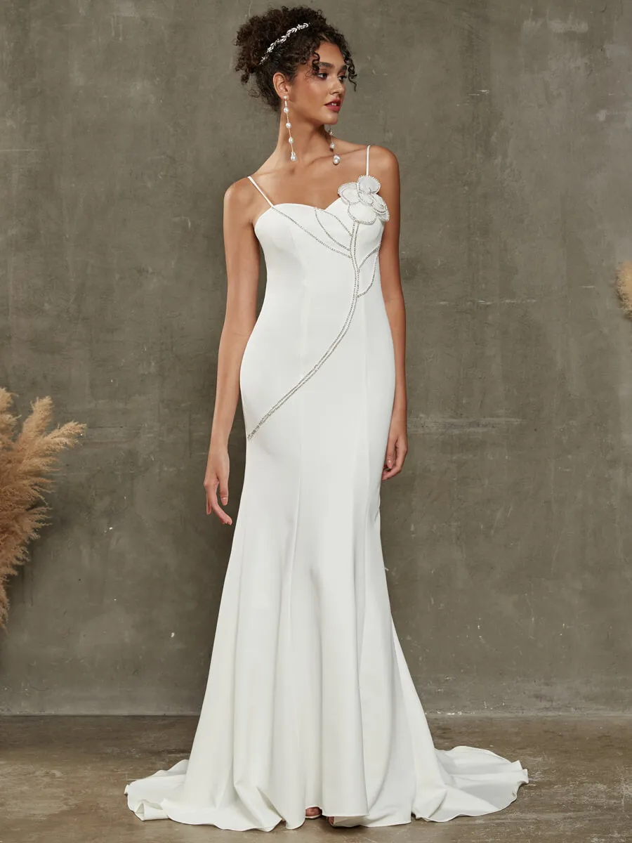 Double FDY Spaghetti Straps Diamond Flower Mermaid Wedding Dress With Train