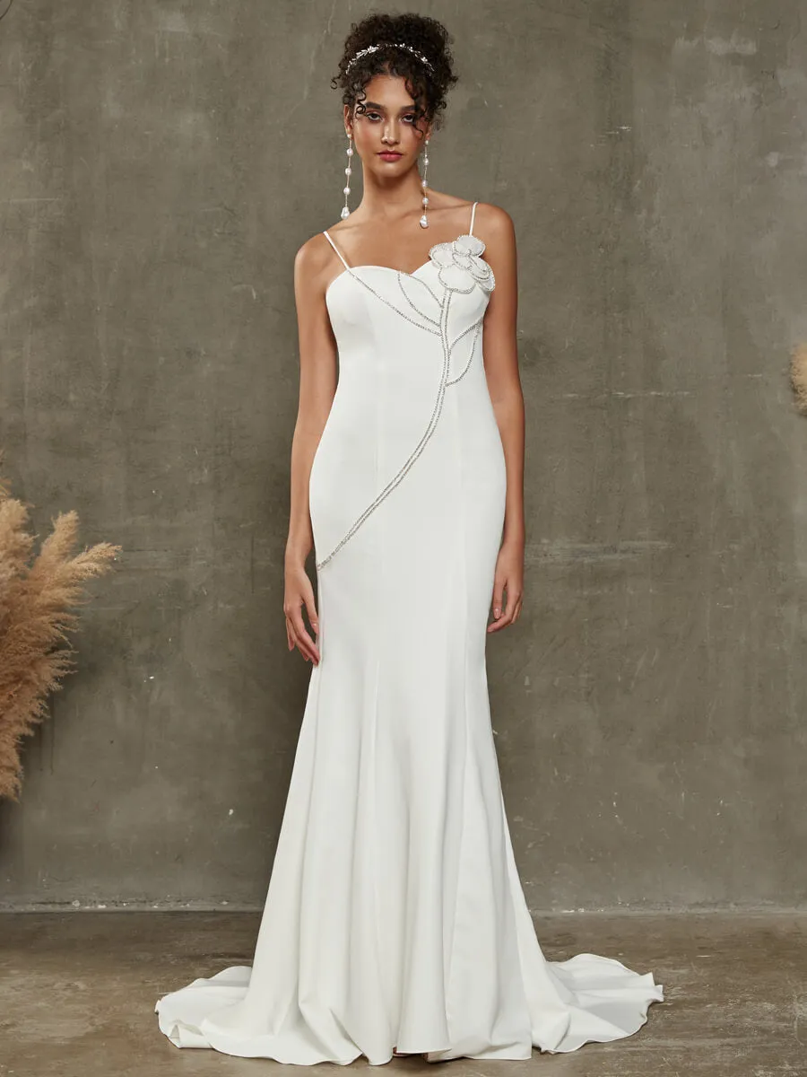 Double FDY Spaghetti Straps Diamond Flower Mermaid Wedding Dress With Train