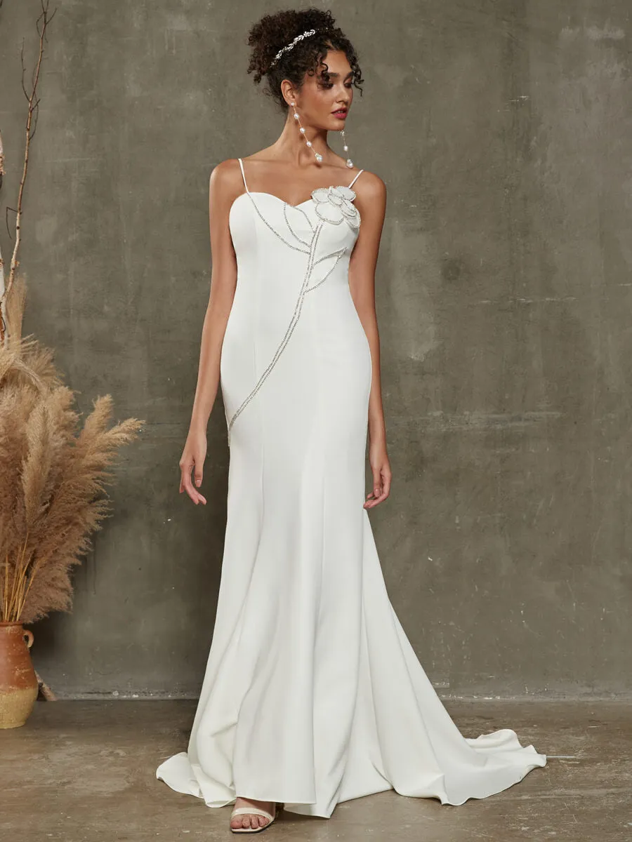 Double FDY Spaghetti Straps Diamond Flower Mermaid Wedding Dress With Train