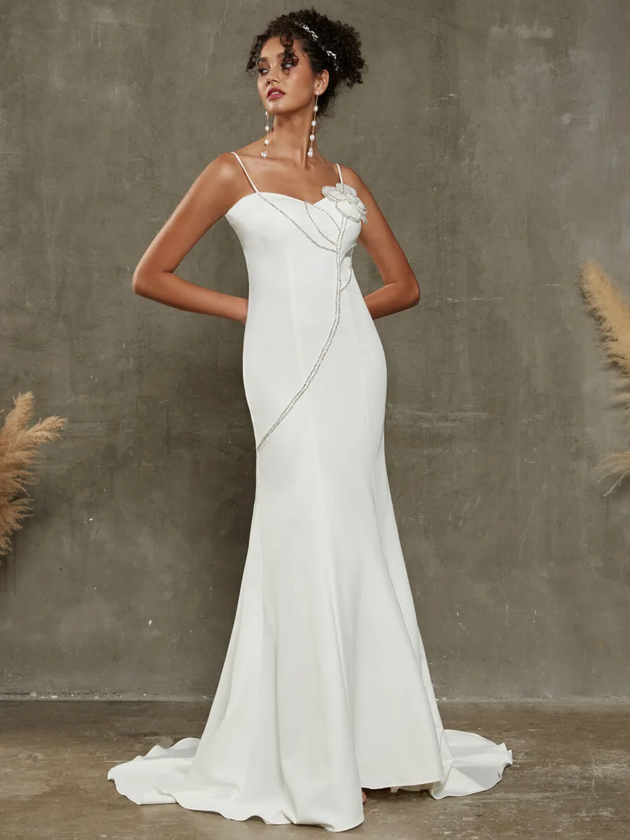 Double FDY Spaghetti Straps Diamond Flower Mermaid Wedding Dress With Train