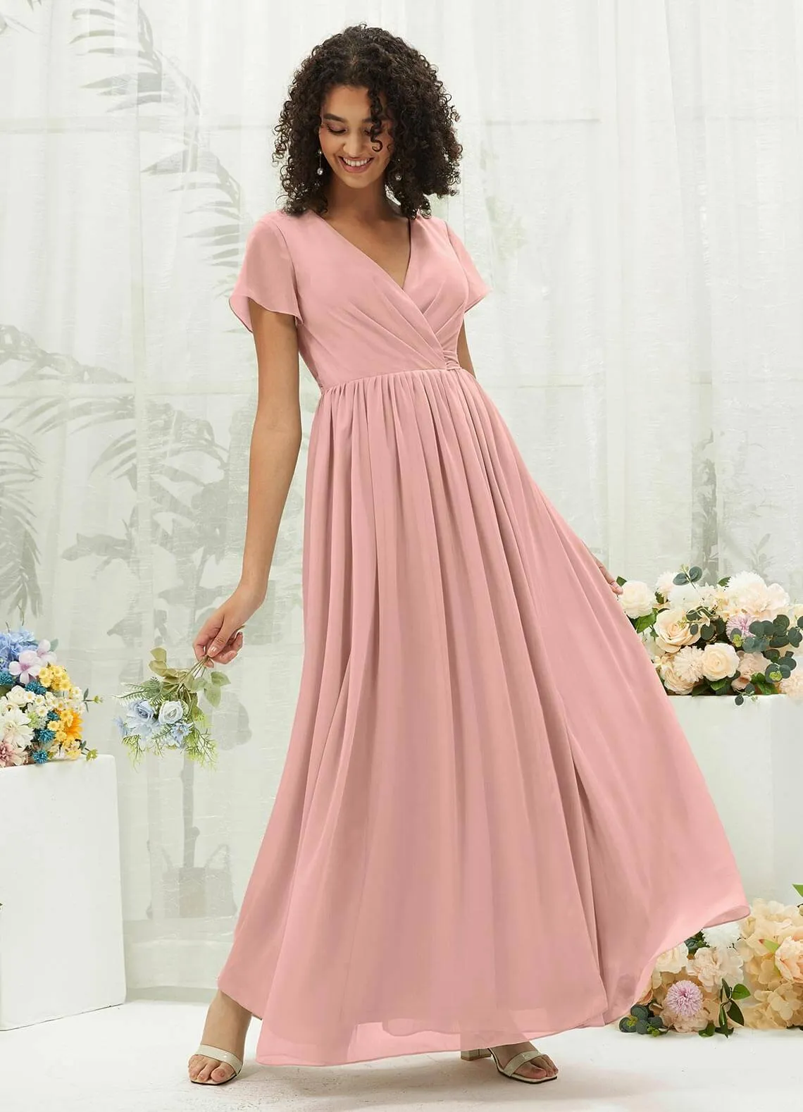 Dusty Pink Chiffon Short Sleeve V-Neck Wrap Pleated  Bridesmaid Dress