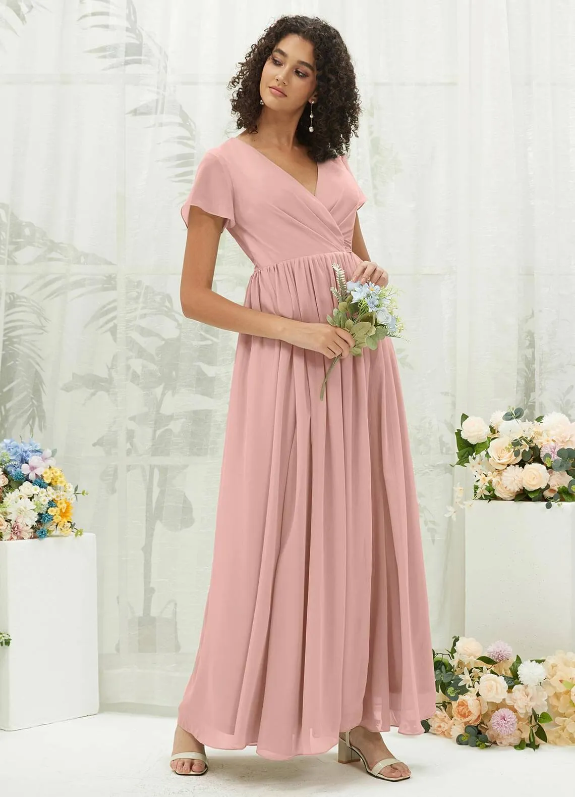 Dusty Pink Chiffon Short Sleeve V-Neck Wrap Pleated  Bridesmaid Dress