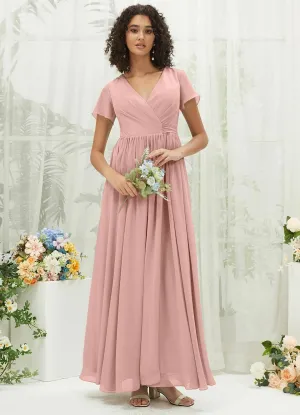 Dusty Pink Chiffon Short Sleeve V-Neck Wrap Pleated  Bridesmaid Dress