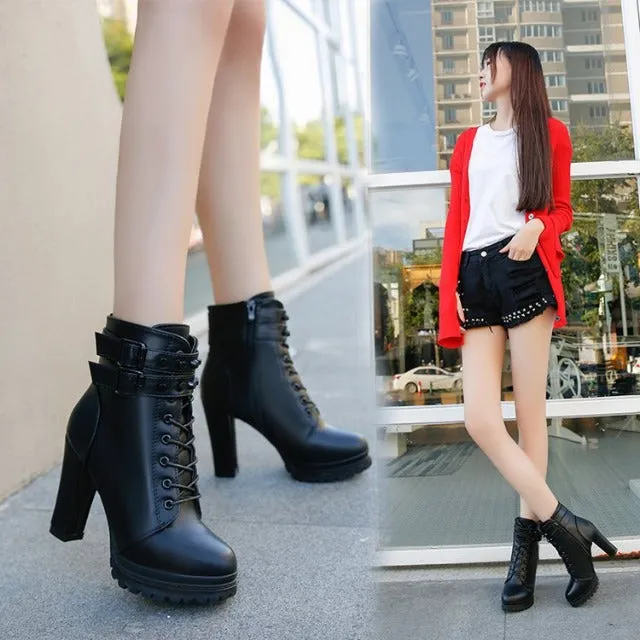 Elegant boots for women, high heel, with Vintage buckle, casual side zipper