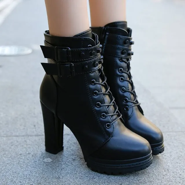 Elegant boots for women, high heel, with Vintage buckle, casual side zipper