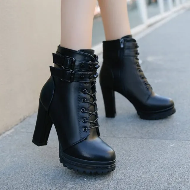 Elegant boots for women, high heel, with Vintage buckle, casual side zipper