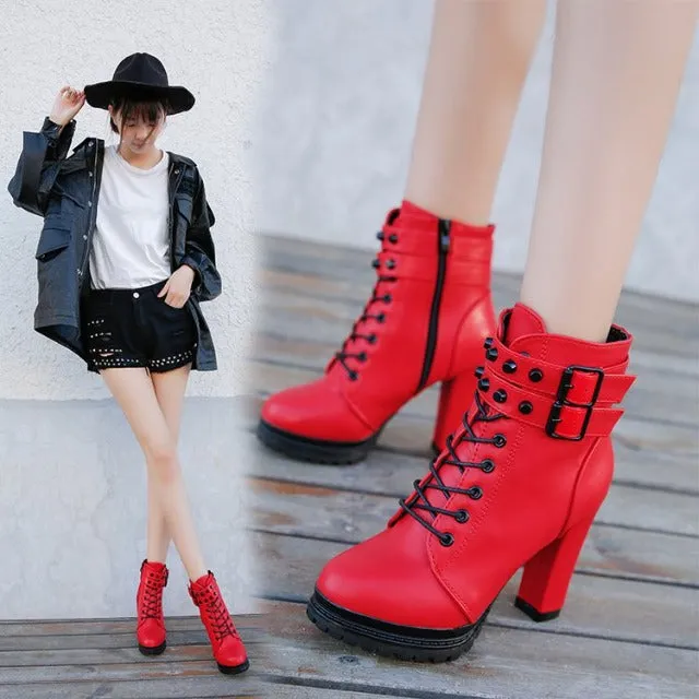 Elegant boots for women, high heel, with Vintage buckle, casual side zipper