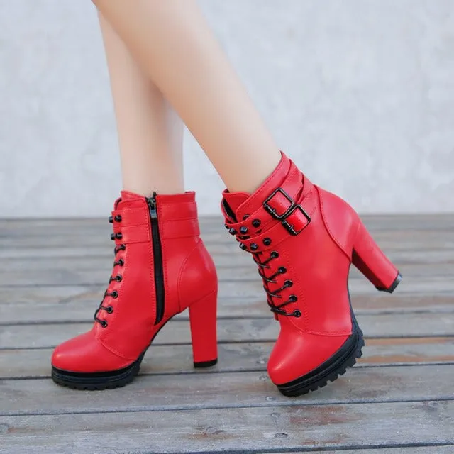 Elegant boots for women, high heel, with Vintage buckle, casual side zipper