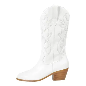 Embroidered Pull On Mid-Calf Western Boots