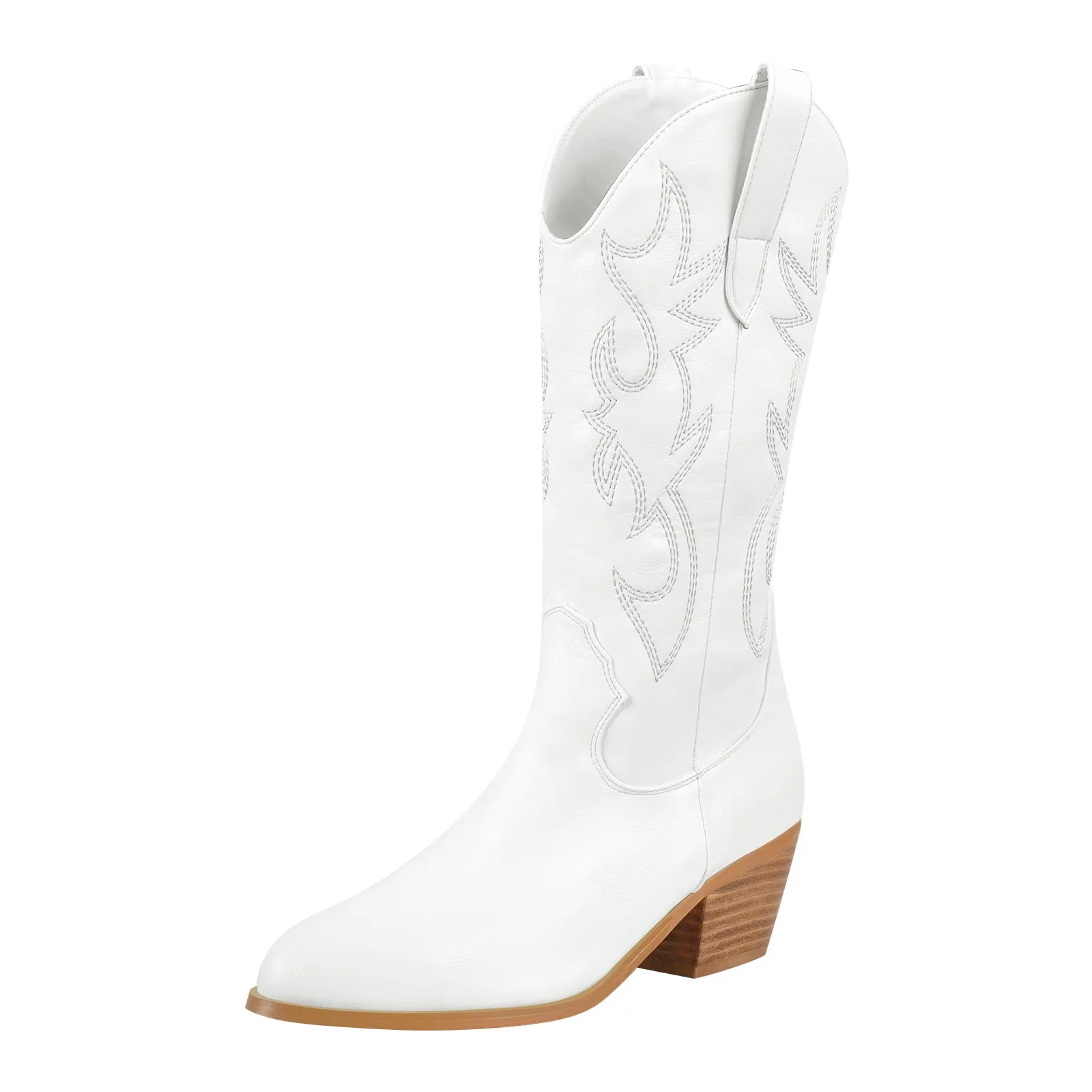 Embroidered Pull On Mid-Calf Western Boots