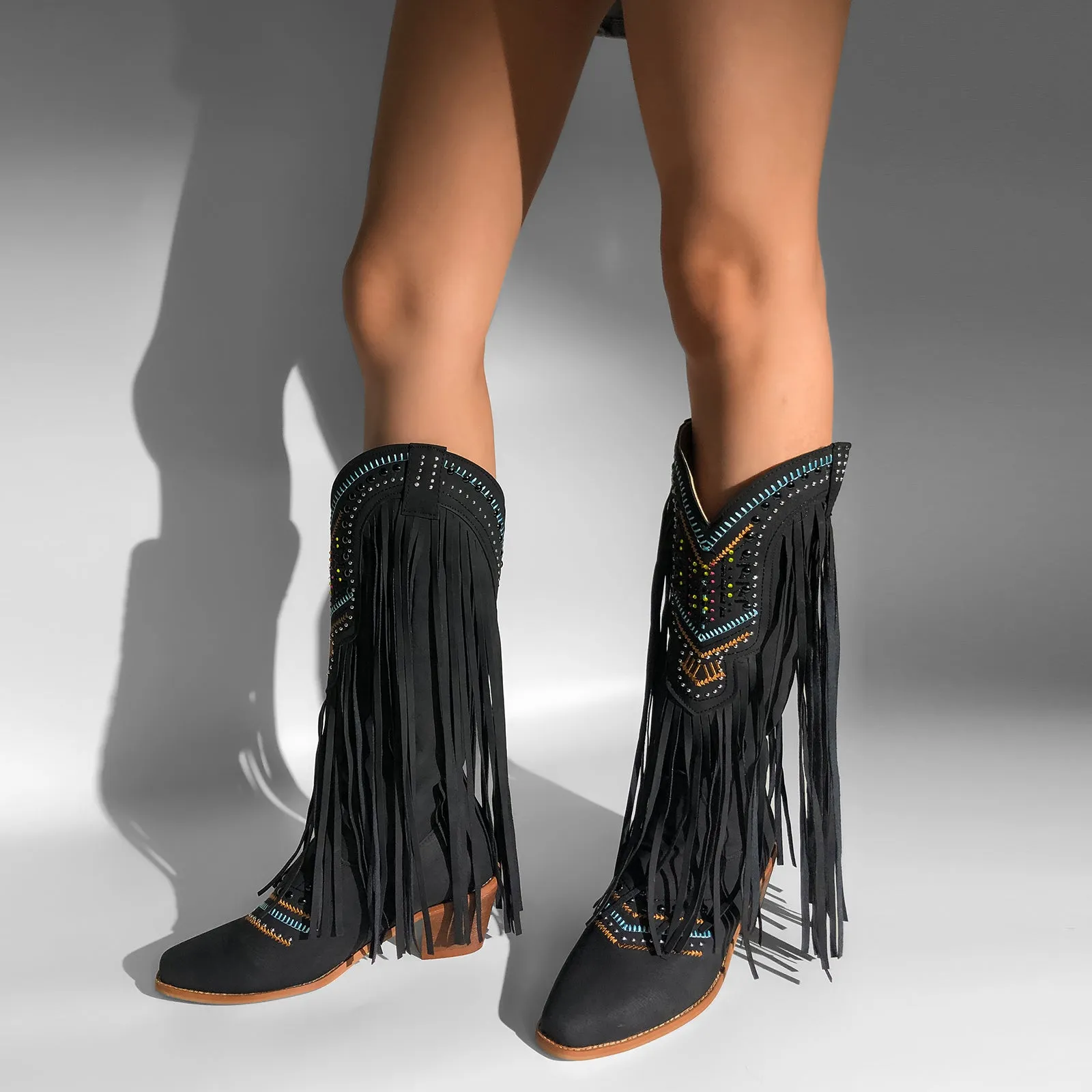 Embroidery Fringe Knee High Western Boots