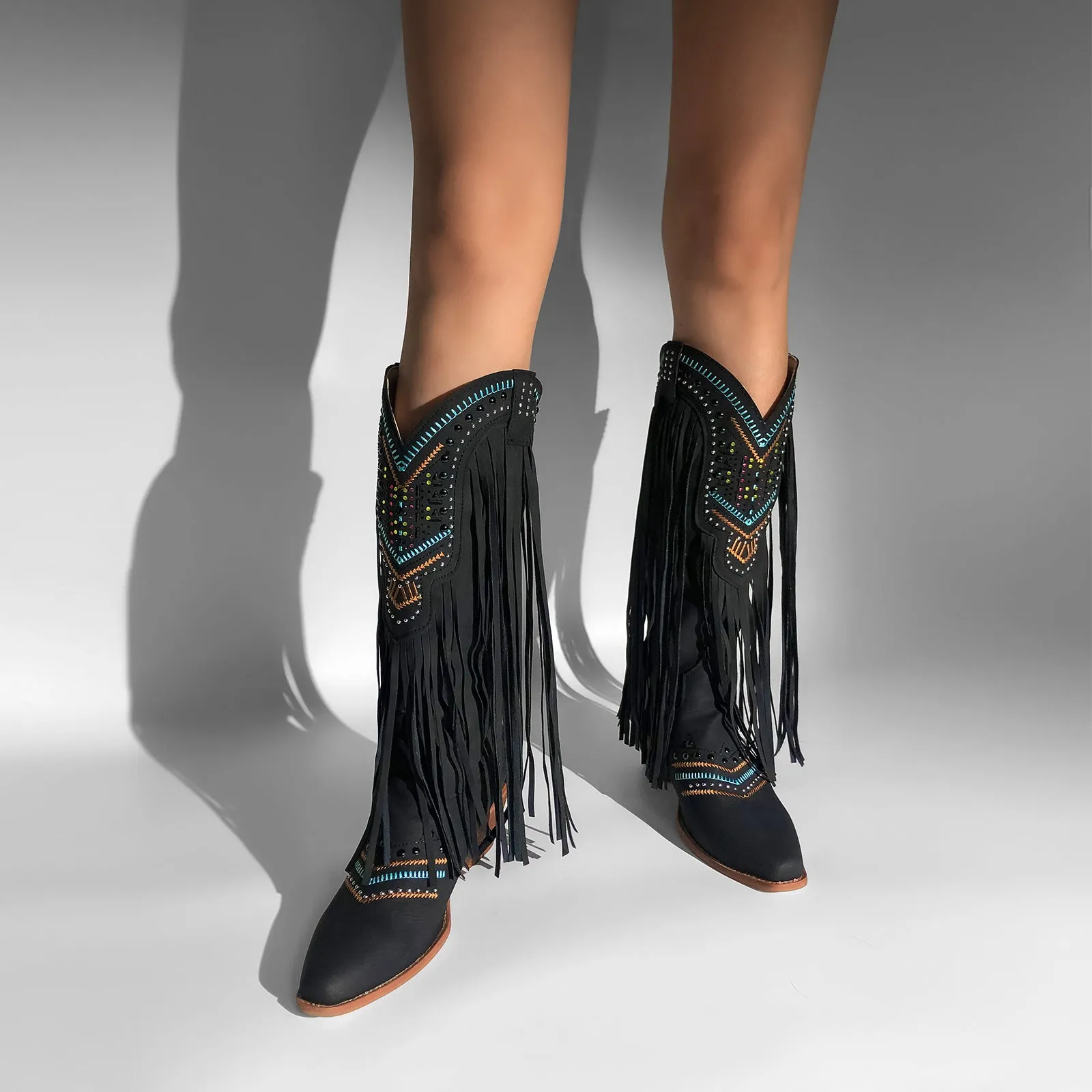 Embroidery Fringe Knee High Western Boots