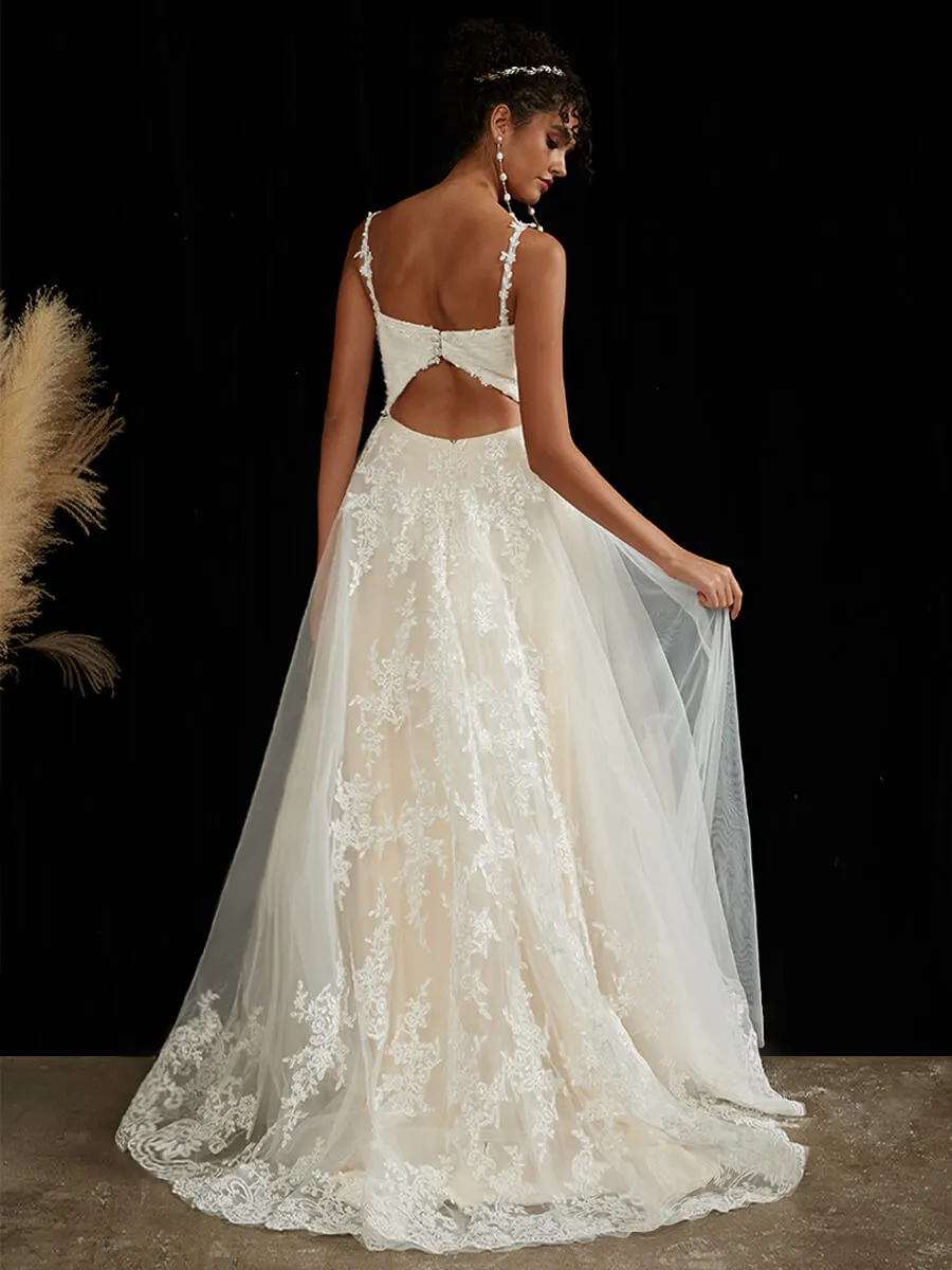 Embroidery Lace A-Line Lace V-Neck Wedding Gown With Chapel Train