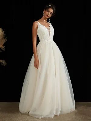 Embroidery Lace A-Line Lace V-Neck Wedding Gown With Chapel Train