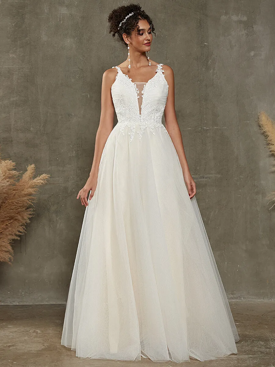 Embroidery Lace A-Line Lace V-Neck Wedding Gown With Chapel Train