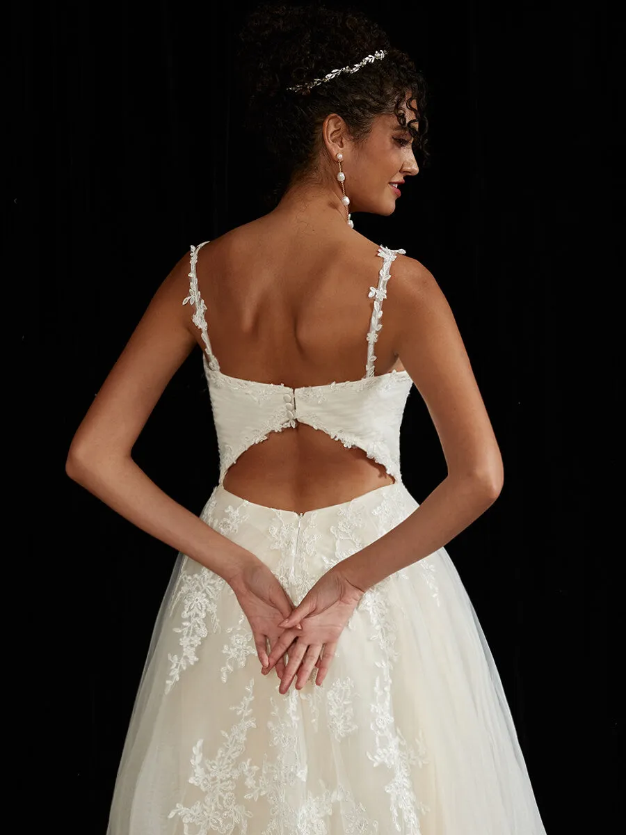 Embroidery Lace A-Line Lace V-Neck Wedding Gown With Chapel Train