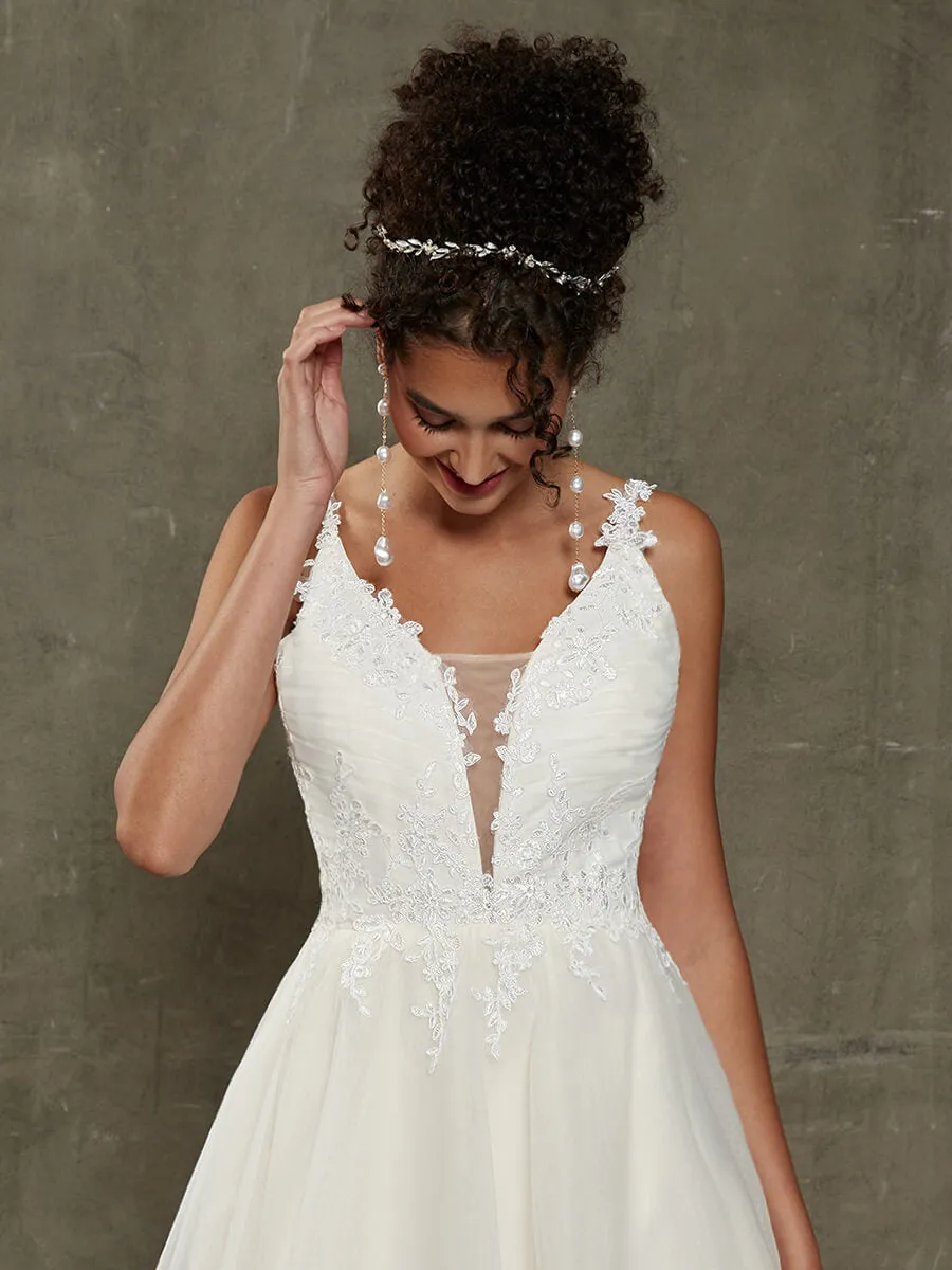Embroidery Lace A-Line Lace V-Neck Wedding Gown With Chapel Train