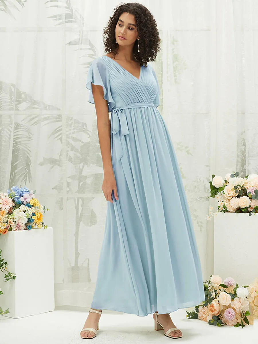 [Final Sale] Cornflower Blue Short Sleeves Floor Length Silky Chiffon Bridesmaid Dress