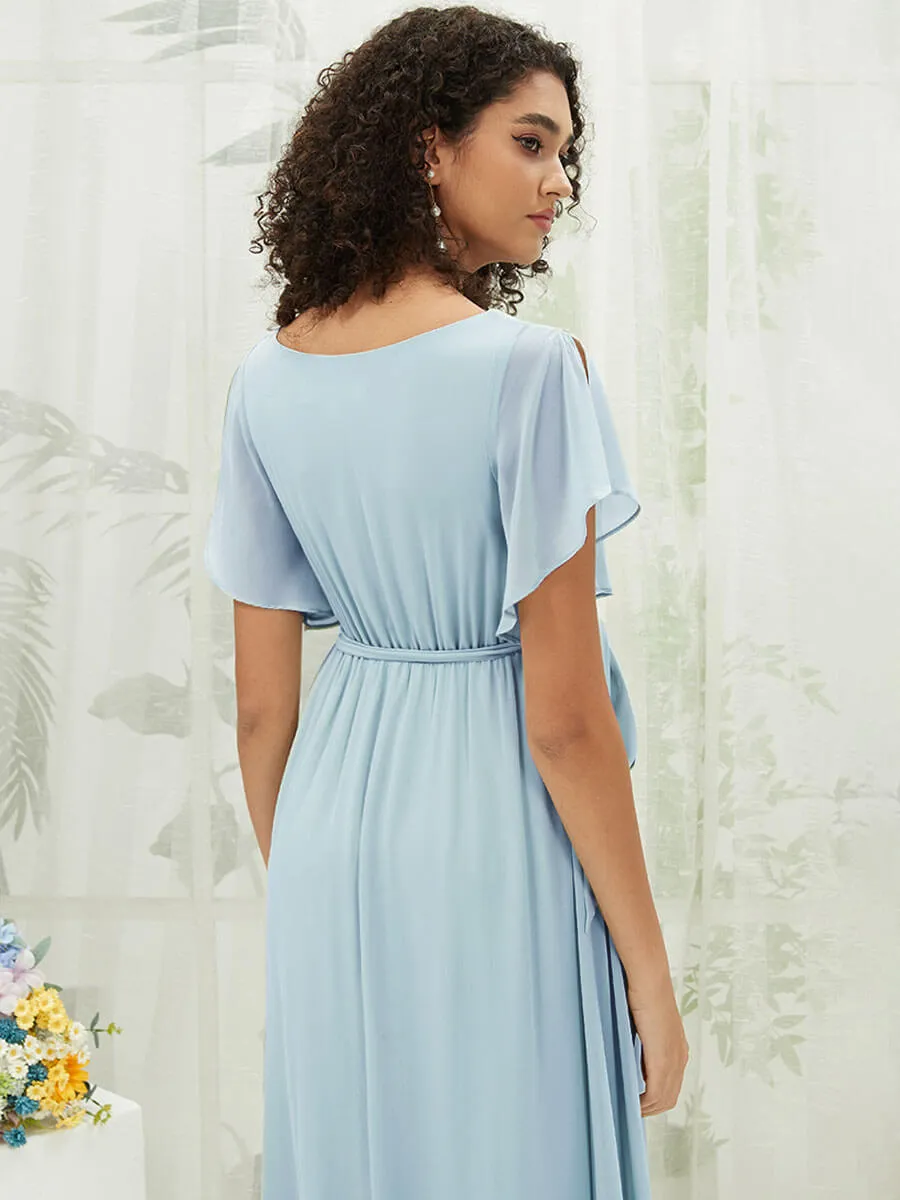 [Final Sale] Cornflower Blue Short Sleeves Floor Length Silky Chiffon Bridesmaid Dress