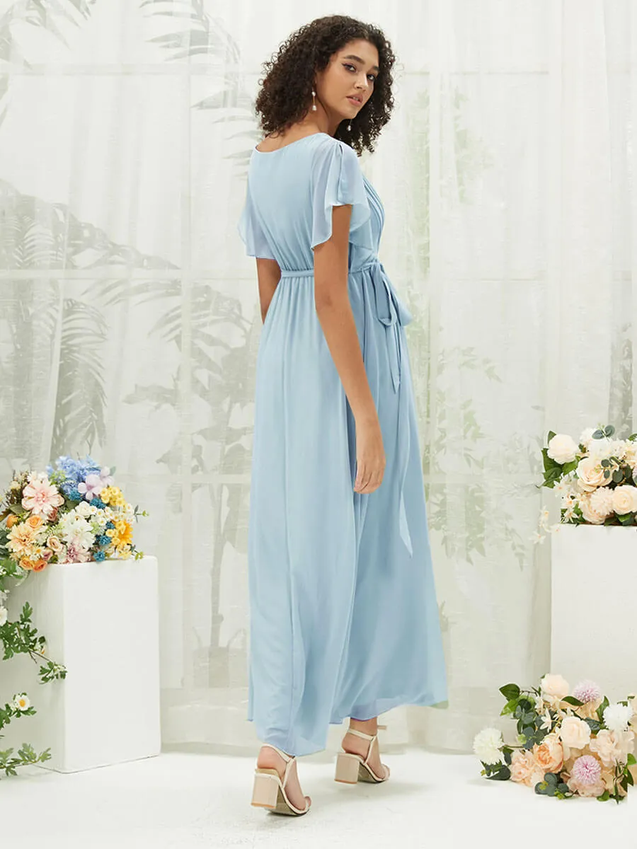[Final Sale] Cornflower Blue Short Sleeves Floor Length Silky Chiffon Bridesmaid Dress