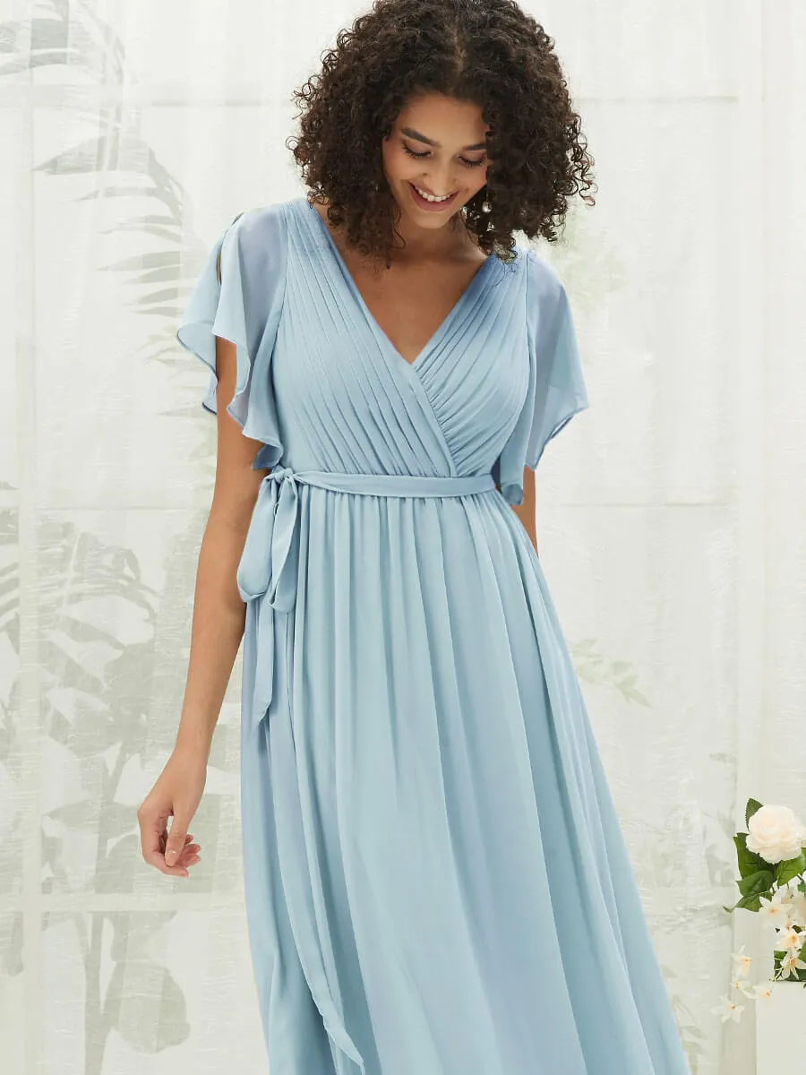 [Final Sale] Cornflower Blue Short Sleeves Floor Length Silky Chiffon Bridesmaid Dress