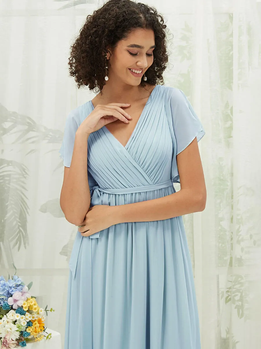 [Final Sale] Cornflower Blue Short Sleeves Floor Length Silky Chiffon Bridesmaid Dress