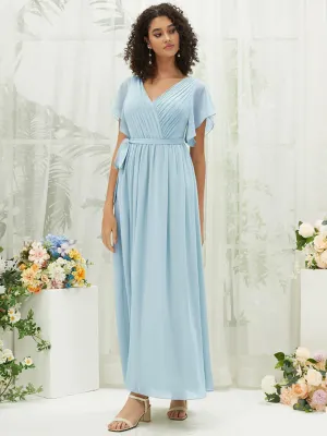 [Final Sale] Cornflower Blue Short Sleeves Floor Length Silky Chiffon Bridesmaid Dress