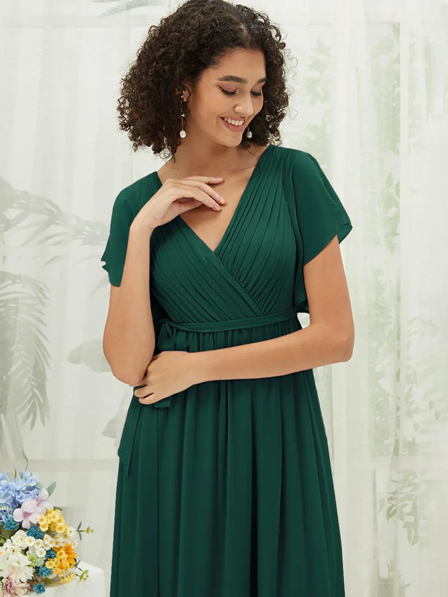 [Final Sale] Emerald Green Short Sleeves Floor Length Silky Chiffon Bridesmaid Dress