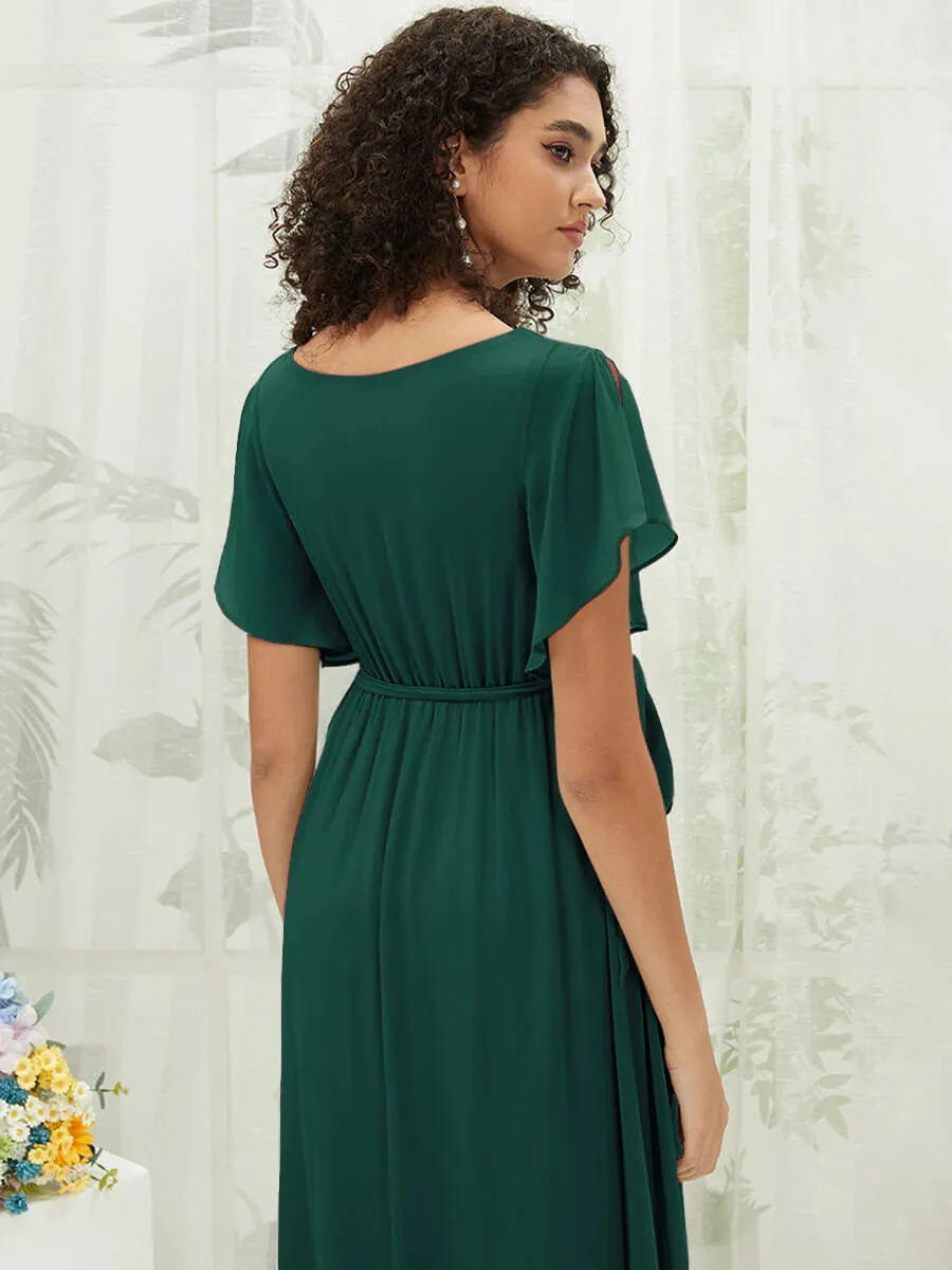 [Final Sale] Emerald Green Short Sleeves Floor Length Silky Chiffon Bridesmaid Dress