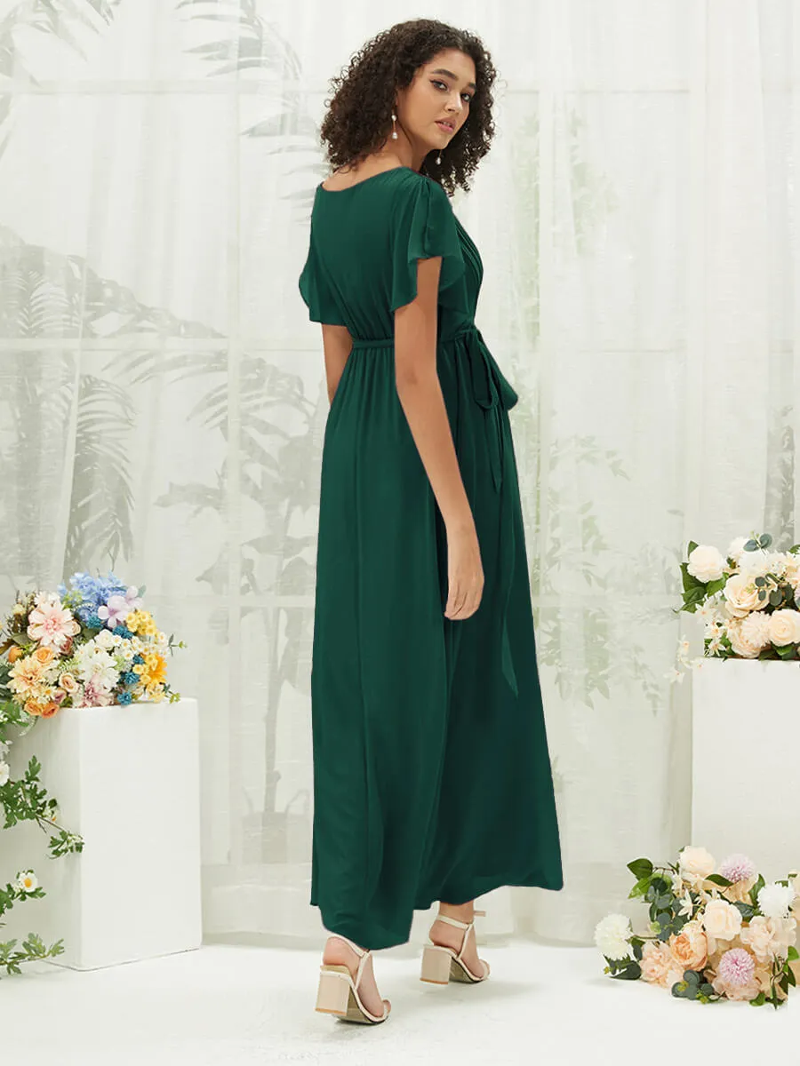 [Final Sale] Emerald Green Short Sleeves Floor Length Silky Chiffon Bridesmaid Dress