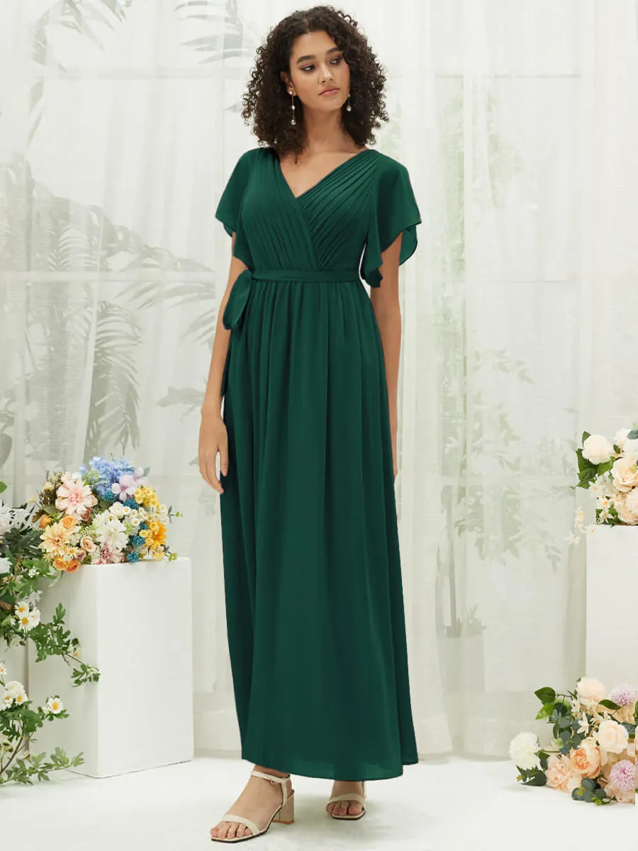 [Final Sale] Emerald Green Short Sleeves Floor Length Silky Chiffon Bridesmaid Dress
