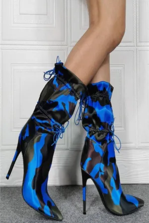 Handmade Camo Lace Up Stiletto High Heel Blue Ankle Boots