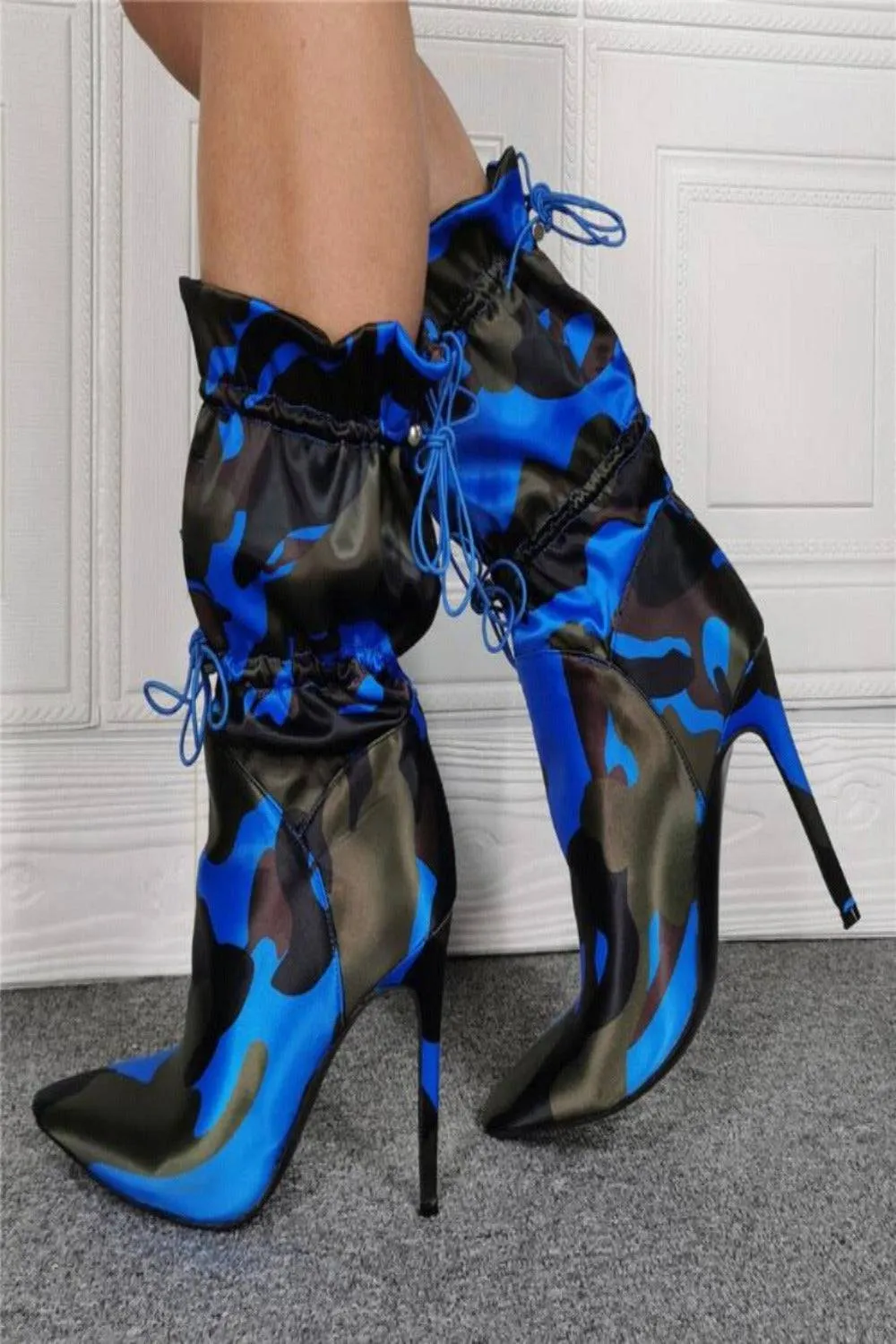 Handmade Camo Lace Up Stiletto High Heel Blue Ankle Boots
