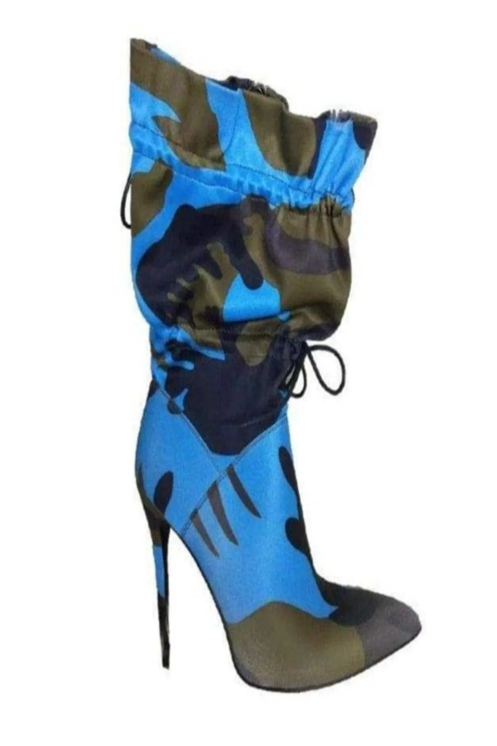 Handmade Camo Lace Up Stiletto High Heel Blue Ankle Boots